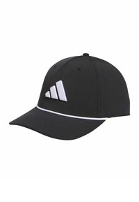 Black cap with a curved brim, featuring a white Adidas logo on the front and a white accent band around the base. Made from textured fabric.