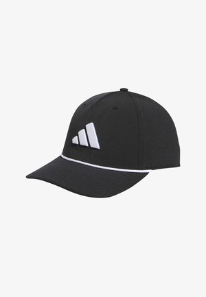 Black cap with a curved brim, featuring a white Adidas logo on the front and a white accent band around the base. Made from textured fabric.