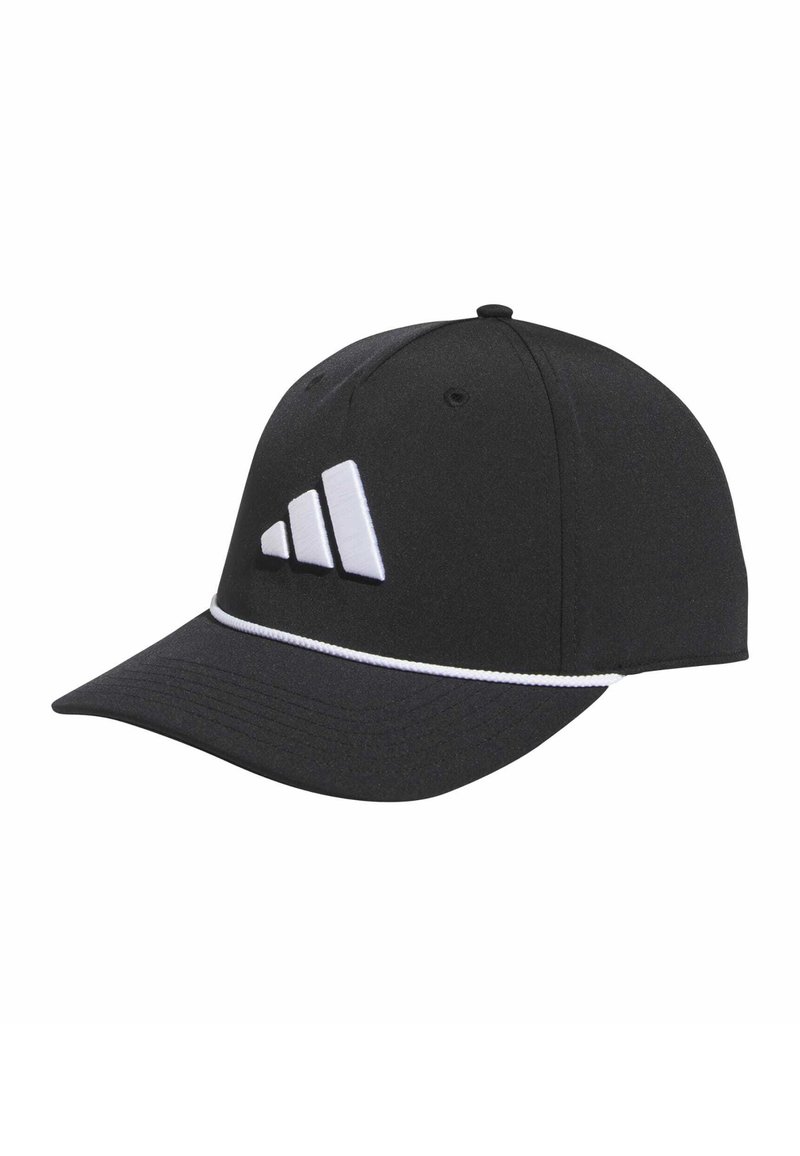Black cap with a curved brim, featuring a white Adidas logo on the front and a white accent band around the base. Made from textured fabric.