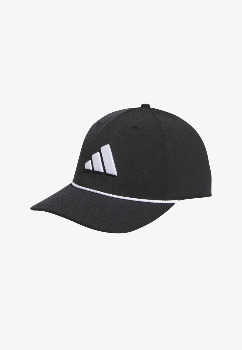 Mustapipo, jossa on kaareva lippa, ja edessä valkoinen Adidas-logo sekä valkoinen korostusnauha pohjassa. Valmistettu teksturoidusta kankaasta.
