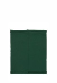 Cuello de tela verde con una textura suave y costuras planas, que presenta una forma rectangular y un color uniforme en toda su extensión.