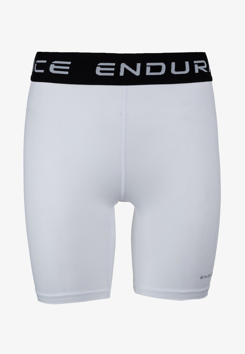 Weiße Sportshorts mit einem schwarzen elastischen Bund, auf dem "ENDURANCE" aufgedruckt ist. Glatte Textur, figurbetontes Design, knielanger Schnitt.