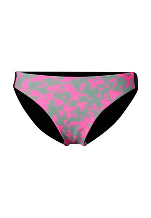 Dame bikiniunderdel med grå bund, neonlyserød abstrakt mønster og sorte sidepaneler.