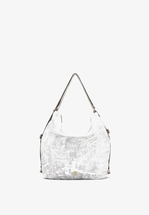 Borsa a tracolla in tessuto bianco con una stampa dettagliata di paesaggi urbani, forma curva e una singola tracolla con inserti in argento.