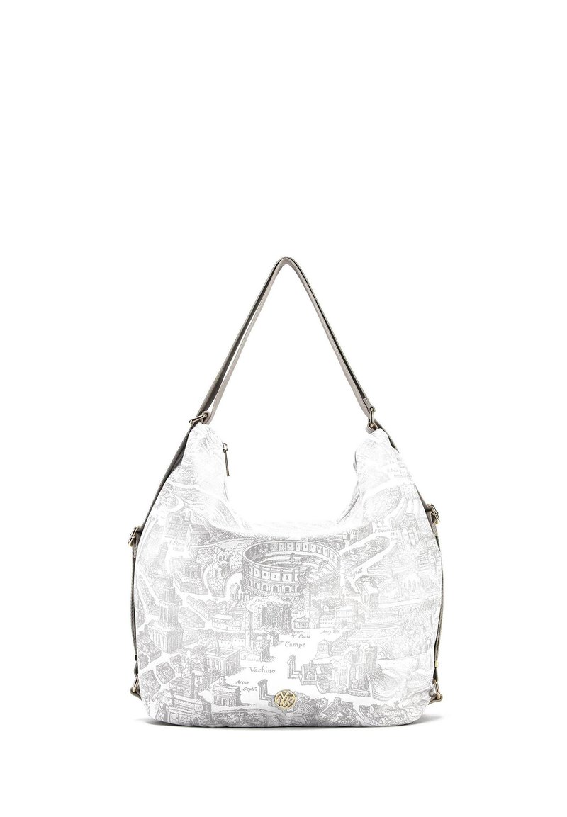 Borsa a tracolla in tessuto bianco con una stampa dettagliata di paesaggi urbani, forma curva e una singola tracolla con inserti in argento.