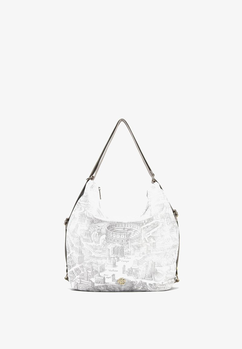 Borsa a tracolla in tessuto bianco con una stampa dettagliata di paesaggi urbani, forma curva e una singola tracolla con inserti in argento.