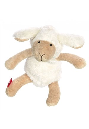 White and beige plush sheep toy with floppy ears, a soft body, and stitched facial features. Includes a red fabric tag on one side.