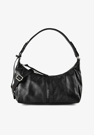 Schwarze Lederschultertasche mit verstellbarem Riemen, Reißverschluss und "BURKELY"-Logo in der Mitte vorne.