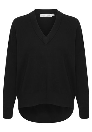 Zwarte gebreide pullover met een V-hals, verlaagde schouders en een iets langere achterkant. Zachte textuur en een ontspannen pasvorm.