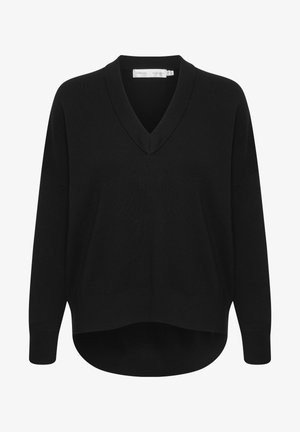 Črn pleteni pulover z V-izrezom, spuščeni rameni in nekoliko daljšim hrbtnim robom. Mehka tekstura in sproščen kroj.