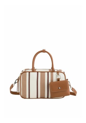 Rechteckige beige und braun gestreifte Handtasche mit abgerundeten oberen Griffen, einem abnehmbaren Schulterriemen und einer kleinen braunen angehängten Tasche mit Verschluss.