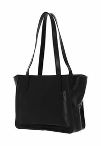 Borsa tote in pelle nera con una texture liscia, apertura superiore e due manici lunghi. Caratterizzata da un design semplice e una forma strutturata.