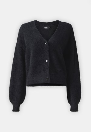 Cardigan negru pufoș cu decolteu în V, mâneci lungi și patru butoane argintii în față. Are un design scurtat și manșete cu model inele.
