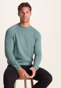 Light green sweatshirt with a crew neck and ribbed cuffs, paired with black pants. The fabric appears soft, with a small logo on the chest.