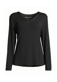 Black long-sleeve top with a V-neck design. Made from soft, smooth fabric. Features a relaxed fit and a straight hemline.