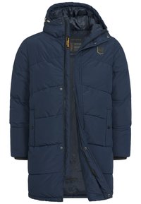 Navy puffer jacket with a hood, featuring a zip front, quilted design, side pockets, and elastic cuffs for enhanced warmth and comfort.