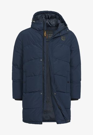 Granatowa kurtka puchowa z kapturem, z zamkiem z przodu, pikowanym wzorem, bocznymi kieszeniami i elastycznymi mankietami dla zwiększenia ciepła i komfortu.