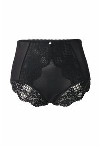 Mutandine nere a vita alta con dettagli in pizzo e pannelli in mesh, con bordi ondulati e un accento decorativo in gemma sulla vita.