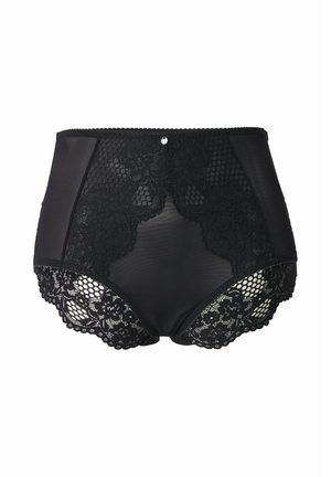Černé vysoké spodní kalhotky s krajkovými detaily a síťovými panely, se zvlněnými okraji a dekorativním drahokamem na pásku.