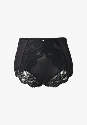 Czarne majtki z wysokim stanem, zdobione koronką i elementami z siateczki, z falbaniastymi brzegami i ozdobnym kamieniem na pasie.