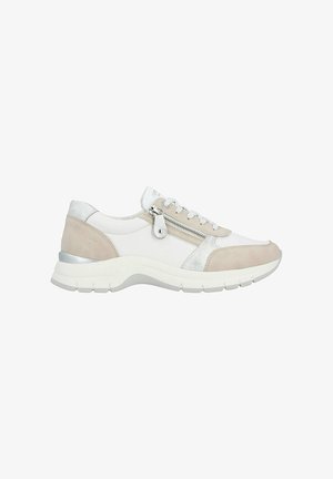 White and beige sneaker with a mix of smooth leather and suede. Features a side zipper and a chunky white sole with silver accents.