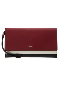 Rektangulær Furla pung clutch med håndledsrem, der har røde, hvide og sorte farveblokke samt sølv logo på frontlappen.