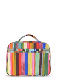 Multikleurige gestreepte tas in rechthoekige vorm, gemaakt van stof met een gladde textuur, voorzien van een bovenhandvat en een ritssluiting.