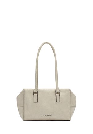 Beige handbag made of textured leather with two long handles, rectangular shape, silver hardware accents, and logo at the front.