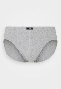 Graue Baumwollunterhose mit schlichtem Design. Verfügt über ein schwarzes Markenlabel am Bund und eine glatte, weiche Textur. Vordernahtdetails sind enthalten.