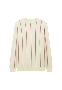 Un pull à manches longues de couleur crème avec de fines bandes rouges verticales, des poignets, un ourlet et un col côtelés, présenté sur un fond blanc.