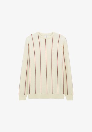 Un pull à manches longues de couleur crème avec de fines bandes rouges verticales, des poignets, un ourlet et un col côtelés, présenté sur un fond blanc.