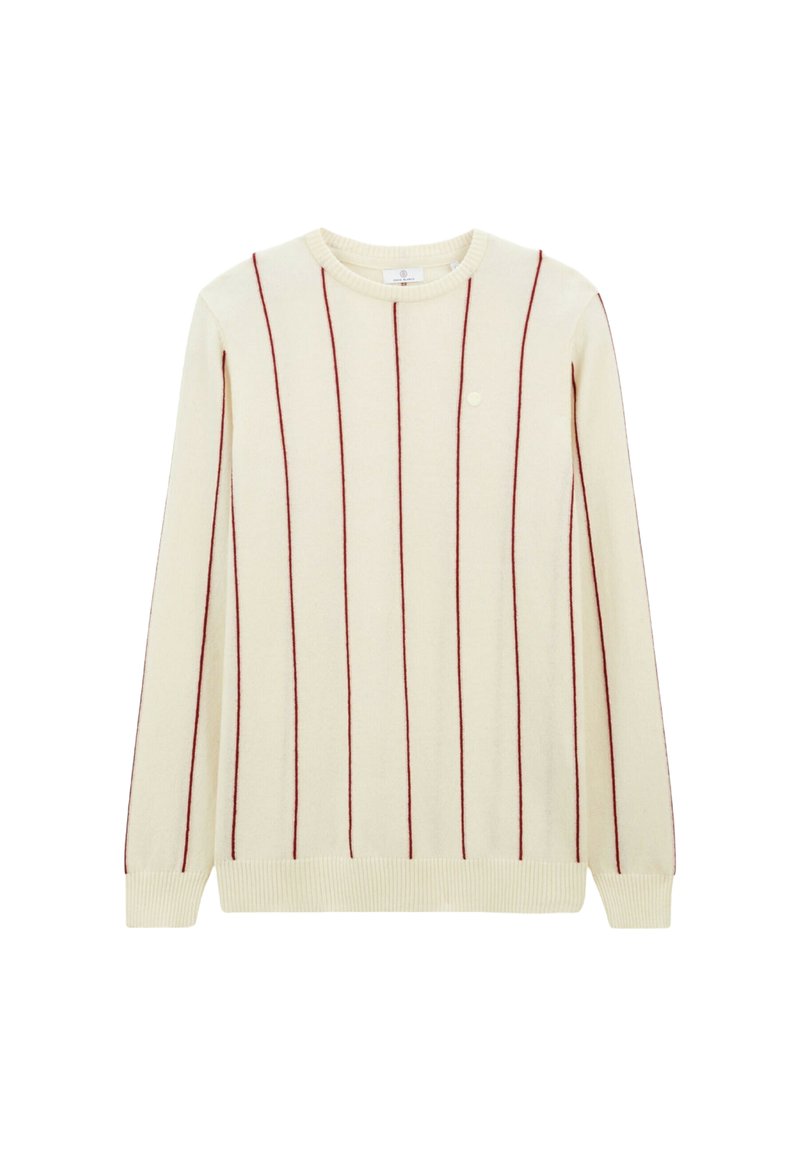 Un pull à manches longues de couleur crème avec de fines bandes rouges verticales, des poignets, un ourlet et un col côtelés, présenté sur un fond blanc.