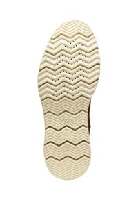 Suela de zapato marrón con un patrón en zigzag, de color crema claro. Incluye perforaciones para transpirabilidad. Marca Geox visible.