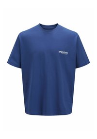 Blå bomulds T-shirt med afslappet pasform og korte ærmer. Har et lille hvidt logo trykt på venstre bryst. Glat overflade.