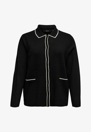 Cardigan nero con bottoni, con bordo bianco lungo il colletto, la fila di bottoni e i bordi delle tasche, caratterizzato da maniche lunghe e un colletto classico.