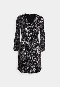 Robe portefeuille noire avec un motif abstrait argenté, manches longues, et un détail de ceinture à nouer. Tissu lisse avec un décolleté en V.