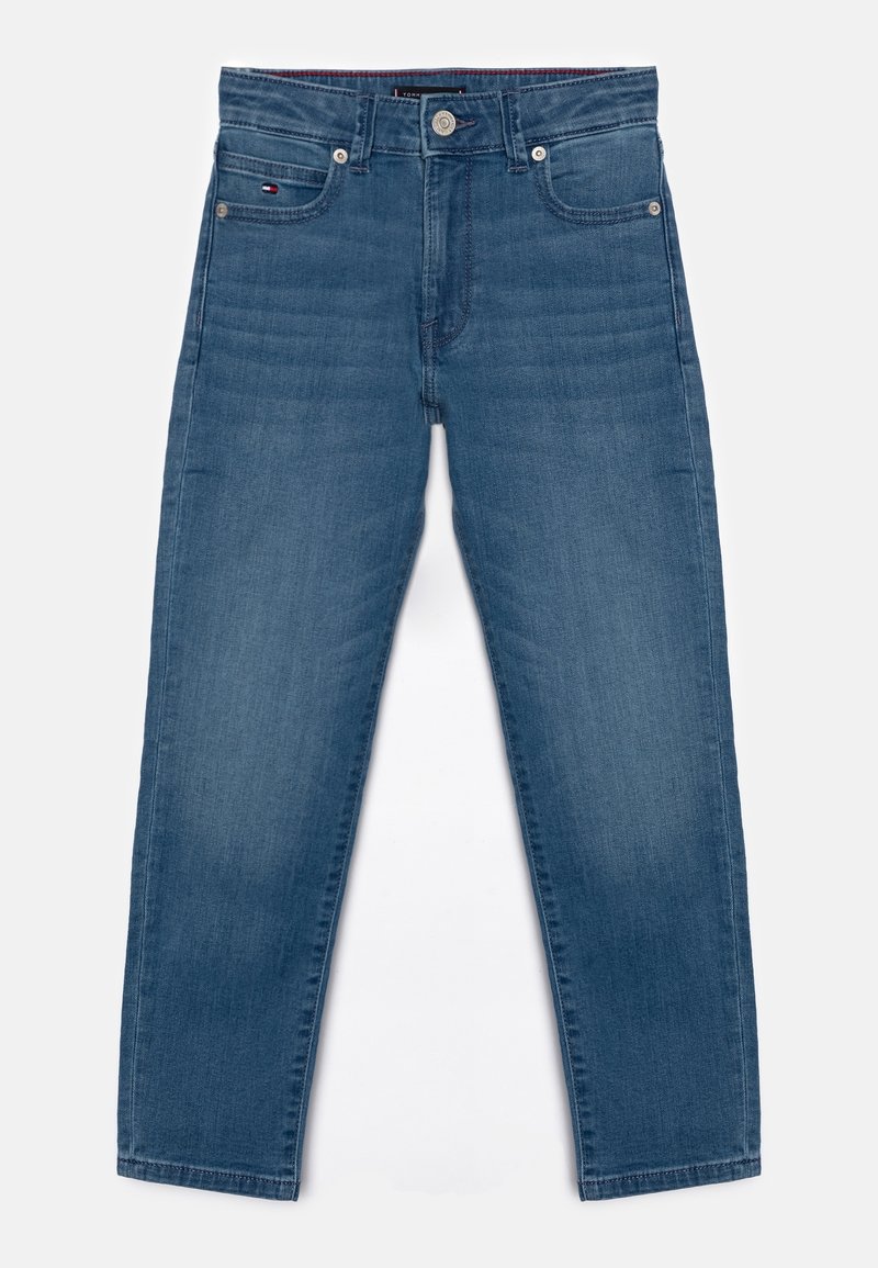 Modré džíny z dženiny se rovný střih, pět kapsami, zapínáním na kovový knoflík a jemným blejskáním. Hladký povrch a pevné švy.