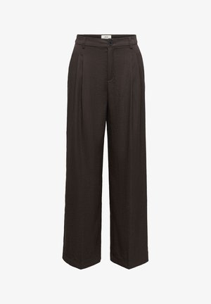 Pantalon noir taille haute à jambes larges avec fermeture par boutons, passants de ceinture et plis avant sur fond uni.