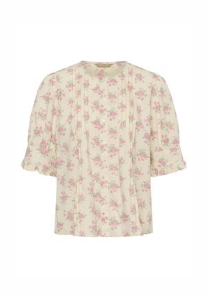 Bluză crem cu model floral roz, mâneci scurte bufante, decolteu rotund, nasturi în față și pliuri verticale subtile.