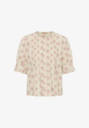 Krémová halenka s růžovým květinovým vzorem, krátkými nadýchanými rukávy, kulatým výstřihem, zapínáním na knoflíky vpředu a jemnými vertikálními sklady.
