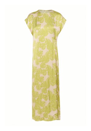 Robe maxi en tissu doux avec un fond jaune clair et de grands motifs de feuilles vertes. Manches courtes et col rond avec une fermeture éclair dans le dos.