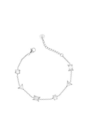 Bracciale in argento con catena, caratterizzato da gemme trasparenti di forme diverse, tra cui quadrato, triangolo e rotondo, dotato di chiusura a moschettone e catena di estensione.
