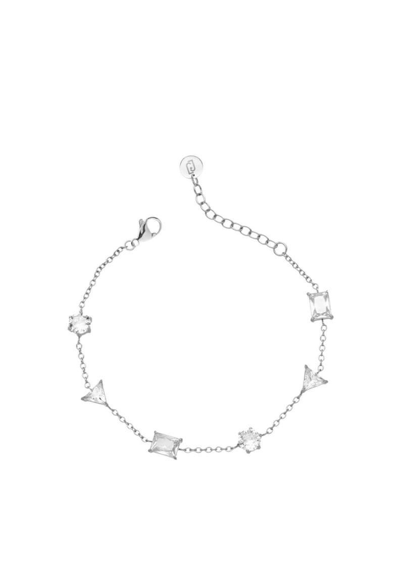 Bracciale in argento con catena, caratterizzato da gemme trasparenti di forme diverse, tra cui quadrato, triangolo e rotondo, dotato di chiusura a moschettone e catena di estensione.