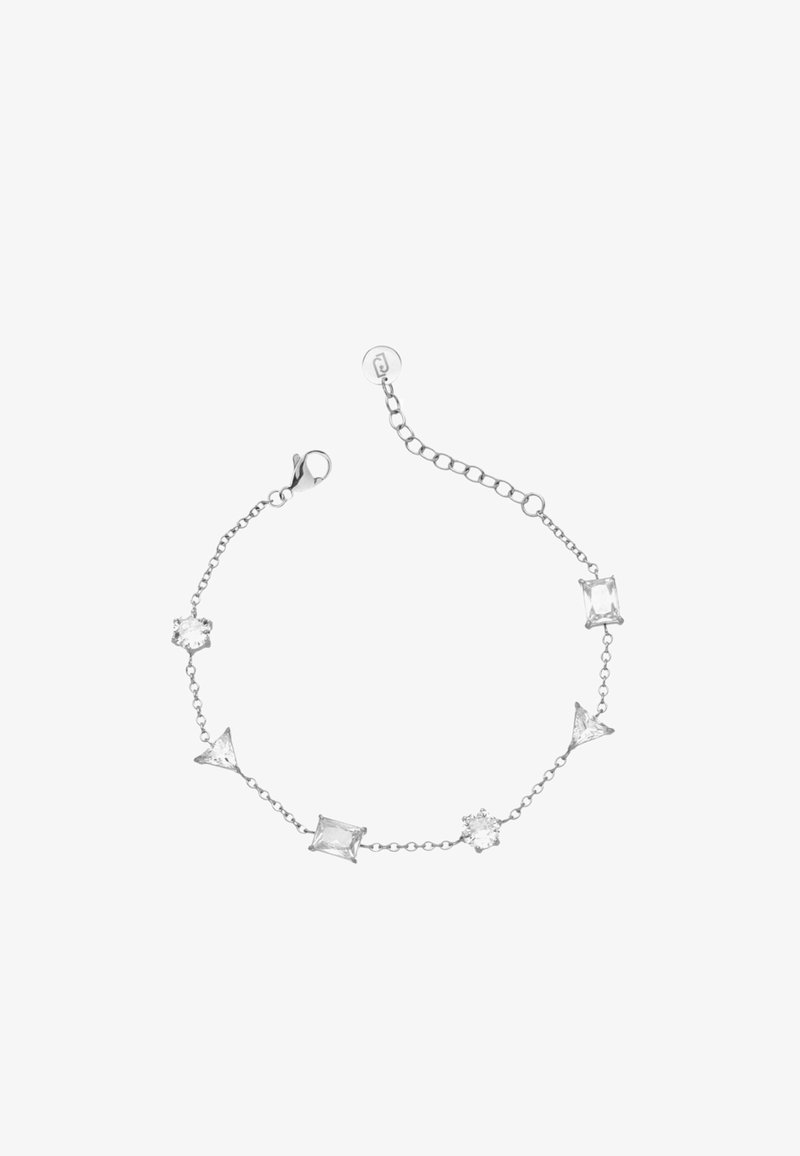 Bracciale in argento con catena, caratterizzato da gemme trasparenti di forme diverse, tra cui quadrato, triangolo e rotondo, dotato di chiusura a moschettone e catena di estensione.