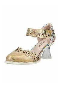 Chaussure pour femme dorée avec découpes florales, bride cheville avec bouton, dos à motifs multicolores et talon bloc transparent.