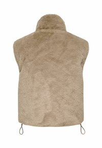 Beige nepbont vest met een hoge kraag, mouwloos ontwerp en trekking onderkant voor een verstelbare pasvorm. Zachte textuur en een gladde afwerking.
