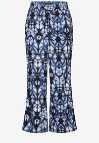 Blue patterned pants with a loose fit and flared legs. Fabric features a geometric design in blue, black, and white colors. Adjustable waistband.