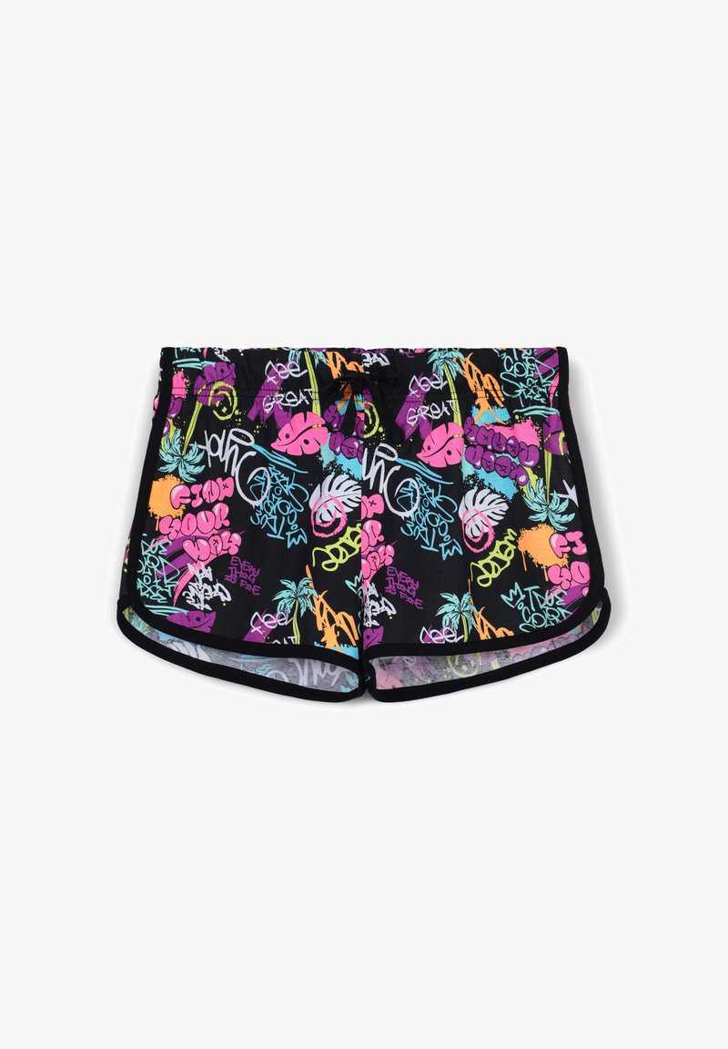 Pantaloni da nuoto neri con motivi di graffiti colorati in rosa, verde e blu. Presentano una vita elasticizzata e un cordino per la regolazione.