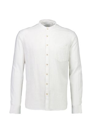 Witte linnen shirt met een staande kraag, lange mouwen, knopen in een bijpassende kleur en een enkele borstzak. Glad, textuurstof.