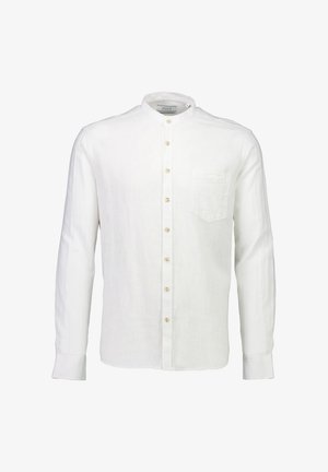 Witte linnen shirt met een staande kraag, lange mouwen, knopen in een bijpassende kleur en een enkele borstzak. Glad, textuurstof.